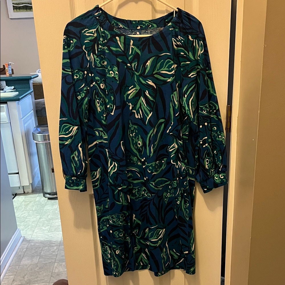 Lilly Pulitzer Teal and Navy Leaf Print Dress